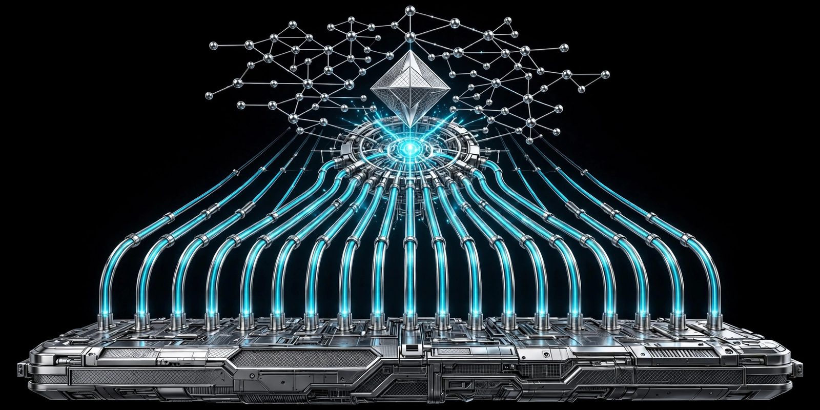 Layered architecture arcs in chrome and cyan