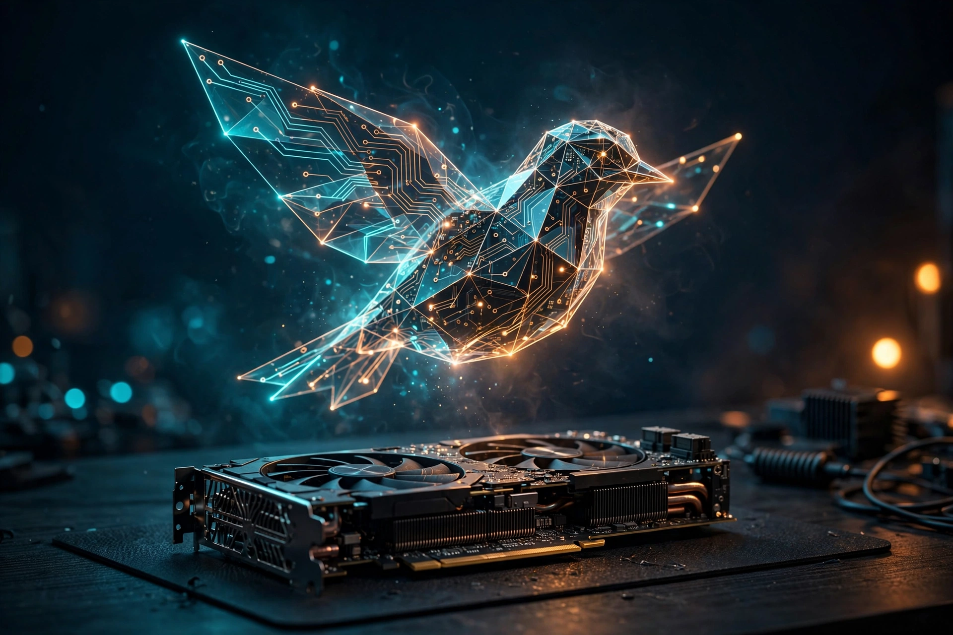 A luminous circuit bird above a single graphics card