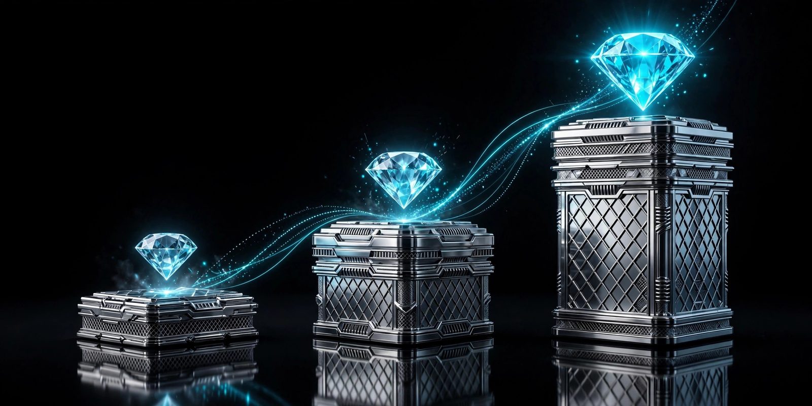 Three ascending chrome platforms topped with glowing diamonds